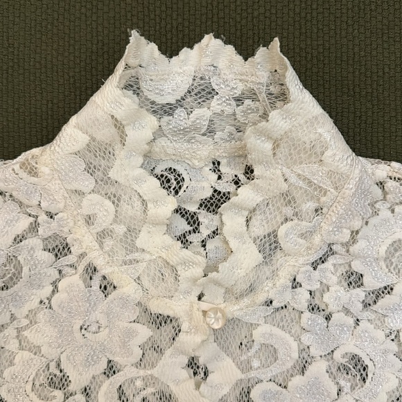 White Lace Mock Neck Button Up Blouse - Picture 2 of 15